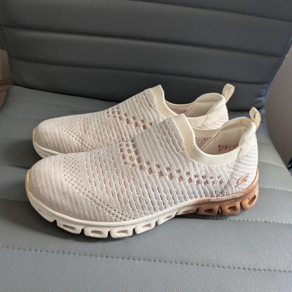 Skechers Cream and Brown Knit Slip-On Sneakers